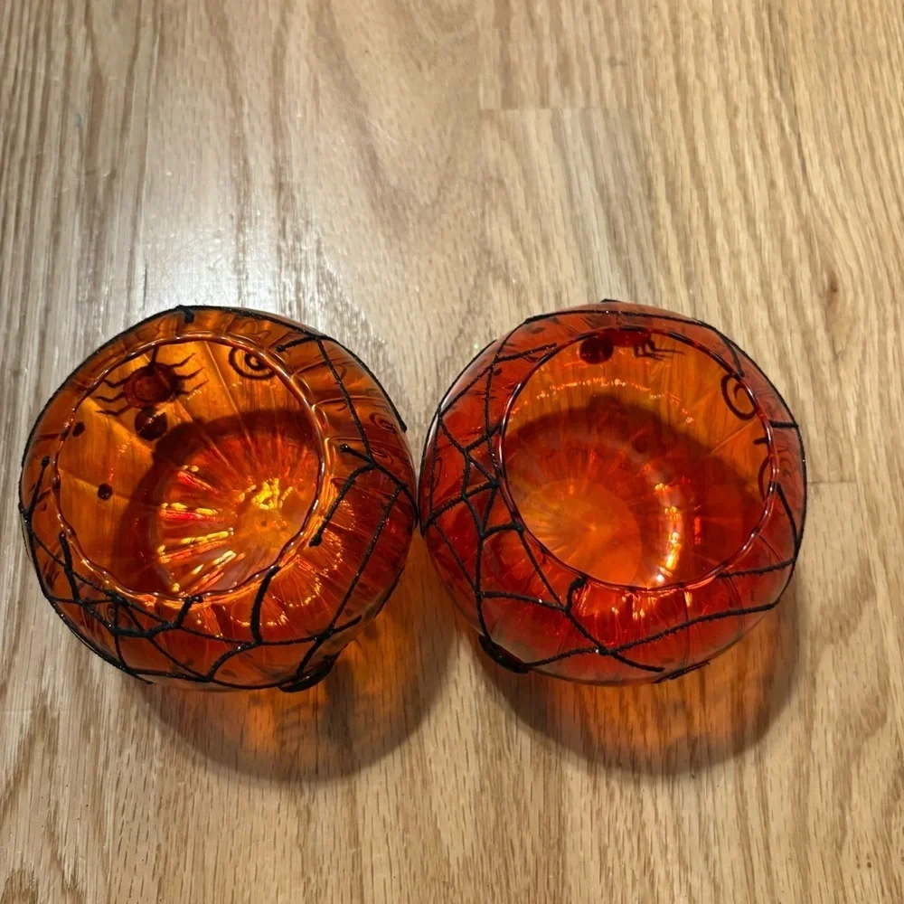 Pier 1 Orange Glass Candle Holders Black Spider Web Circle Blown Halloween